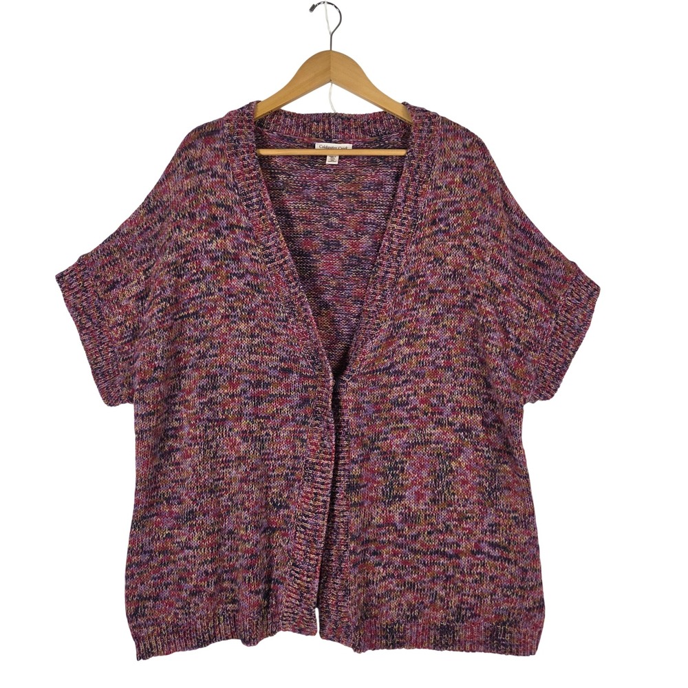 Coldwater Creek Womens 2X Purple Marled Knit Short Sleeve Snap Cardigan Sweater